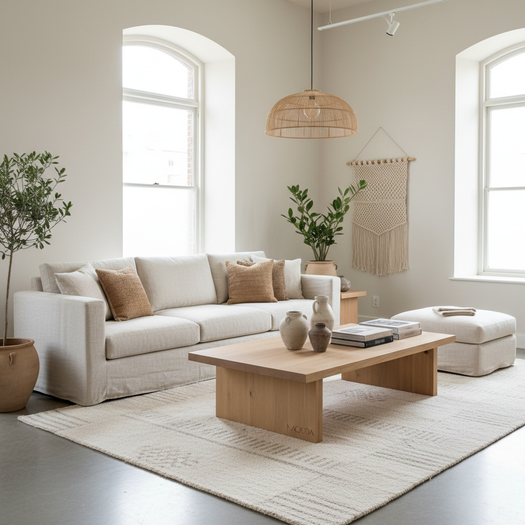 Custom wood frame sofa with neutral performance fabric upholstery in bright living space