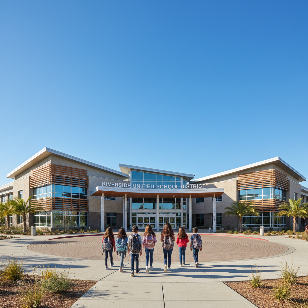 School district administration building with students and staff outside