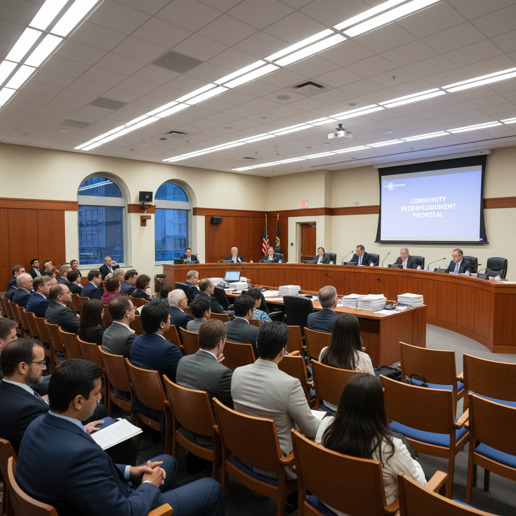 Public hearing in session with residents seated in council chambers