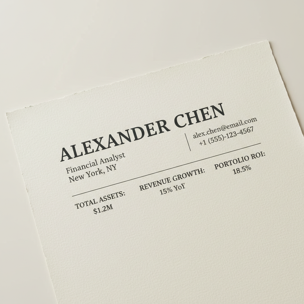 Close-up of a perfectly formatted resume header with crisp typography and aligned financial metrics