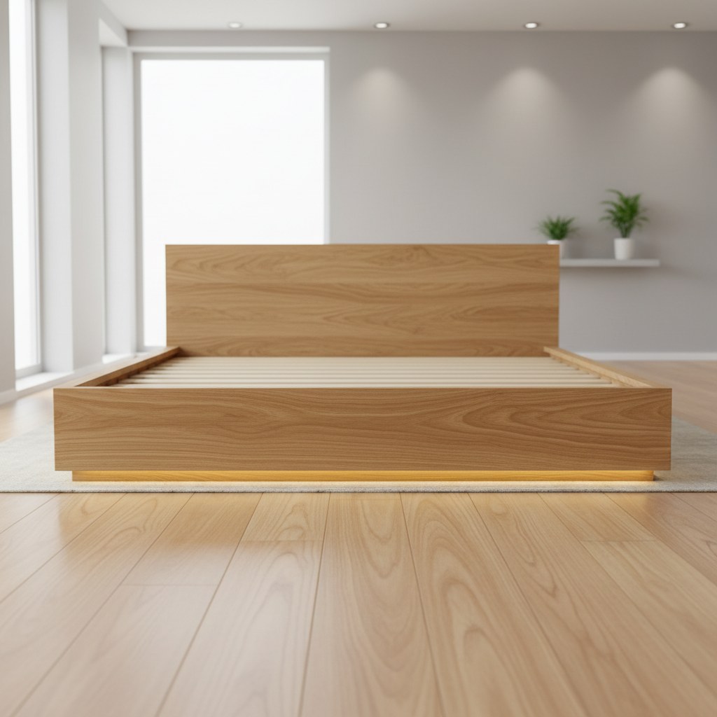White oak platform bed frame with low profile, clean lines, modern bright bedroom