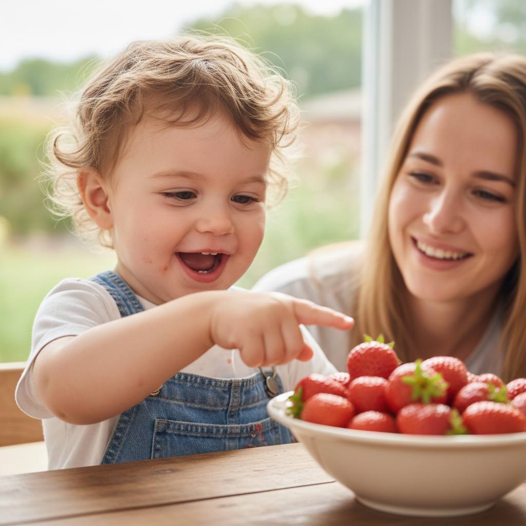 Joyful toddler pointing at strawberries and speaking, parent smiling with tears of joy
