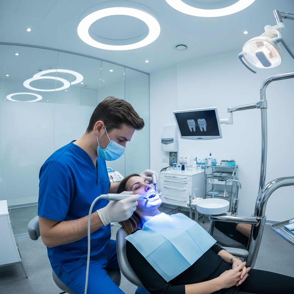 Cosmetic dental procedure showing professional teeth whitening treatment in bright clinic