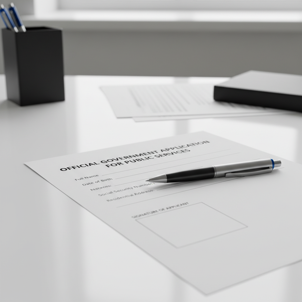 Person filling out official government form at a clean white desk with documents and a pen in bright natural lighting