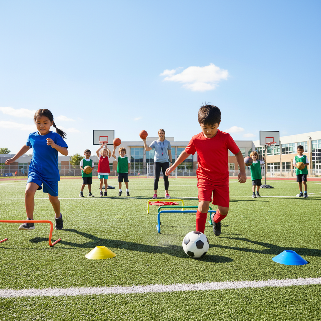 Elementary students practicing sports skills