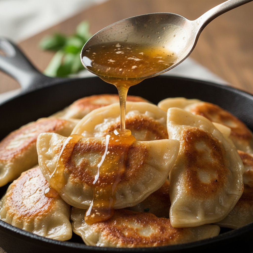 Close-up of browned butter being drizzled over pan-fried dumplings