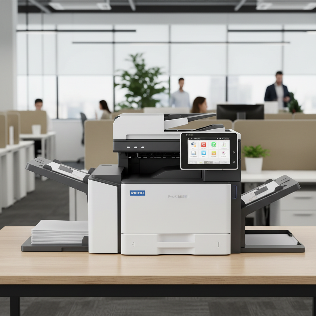 White office printer on clean desk in bright modern office