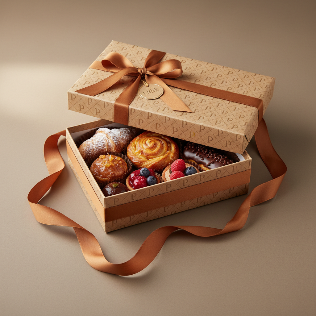Premium gift hamper box with pastries wrapped in elegant packaging, warm brown and cream tones