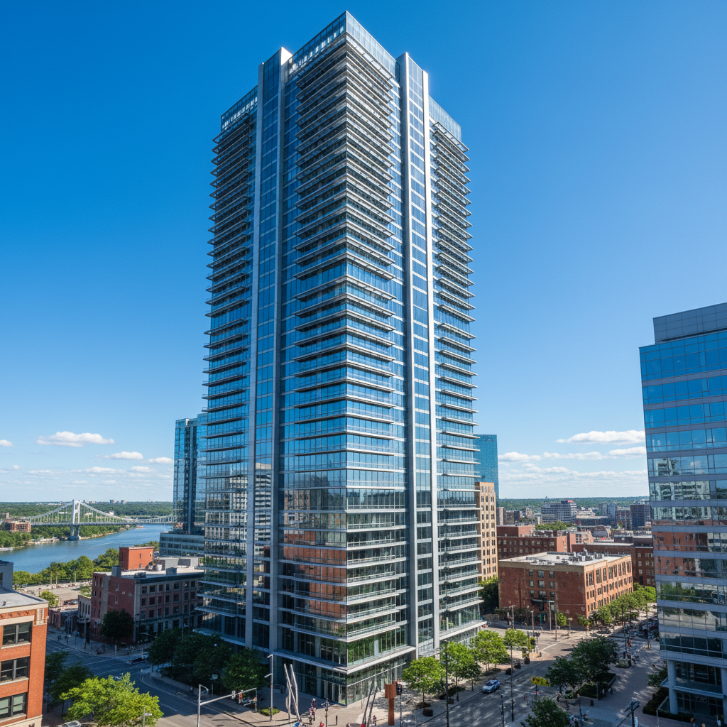 Tall glass office tower in downtown St. Louis with aluminum sunshade system on facade, clear blue sky, urban environment