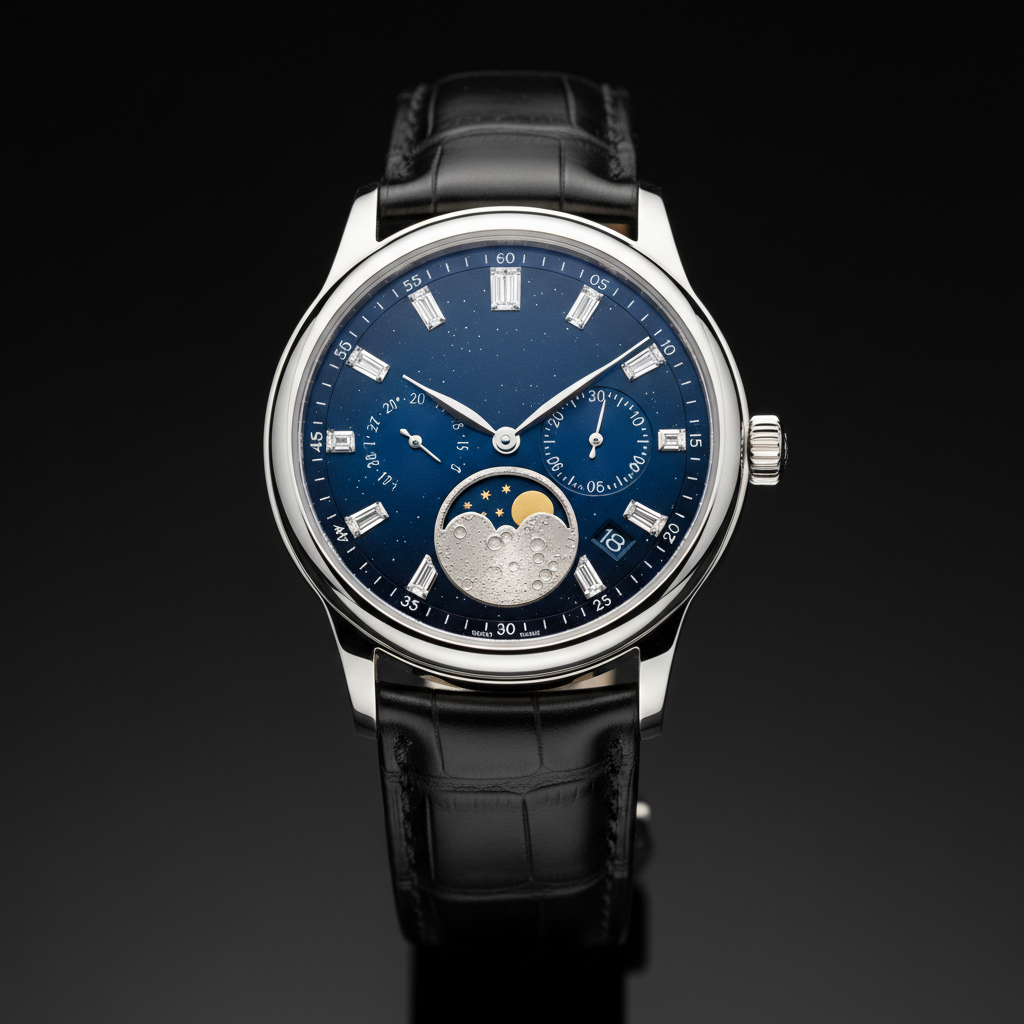 Two-tone gold and silver watch with date complication on leather strap
