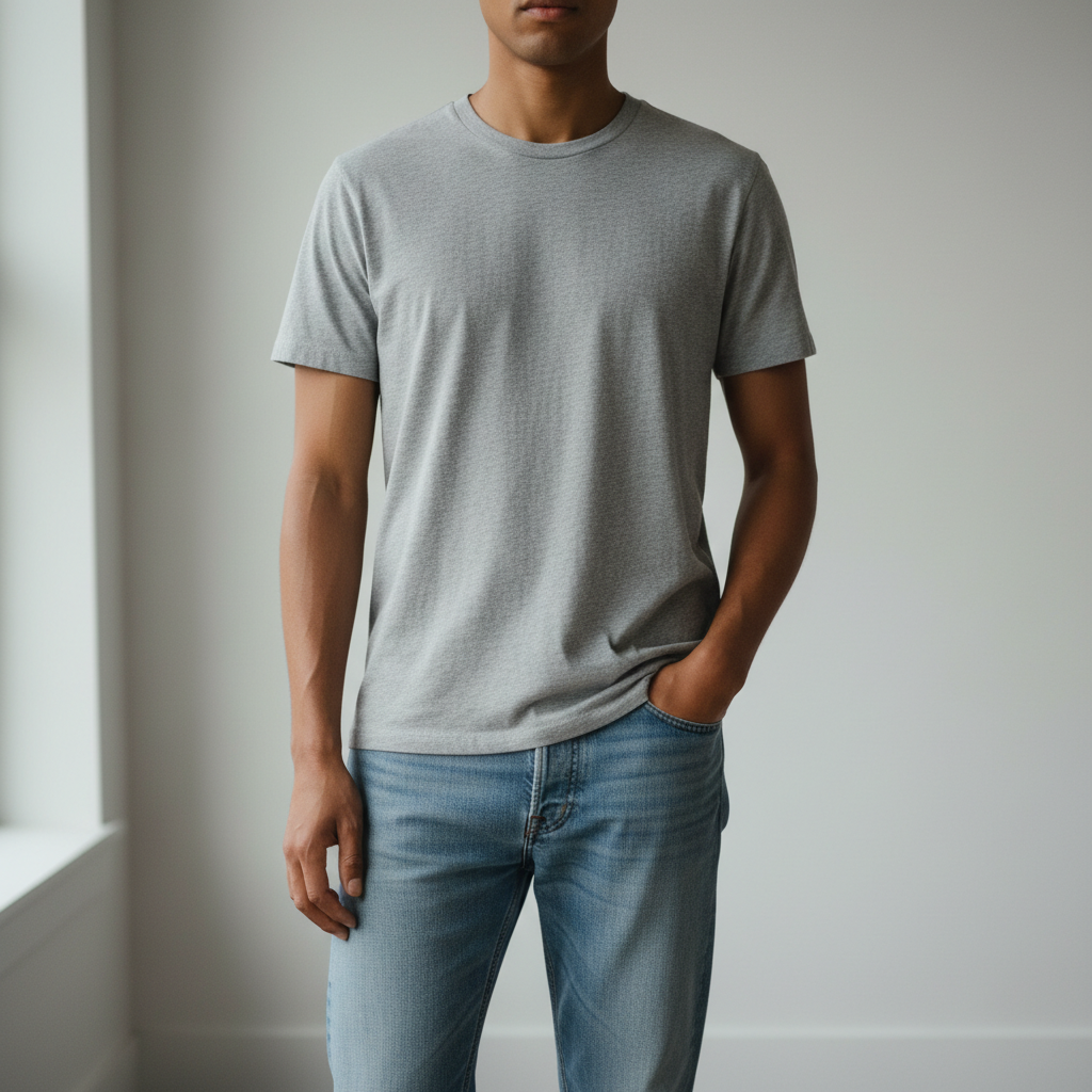 Person in plain gray t-shirt and jeans, standing with a blank expression before St. Patrick's Day costume transformation