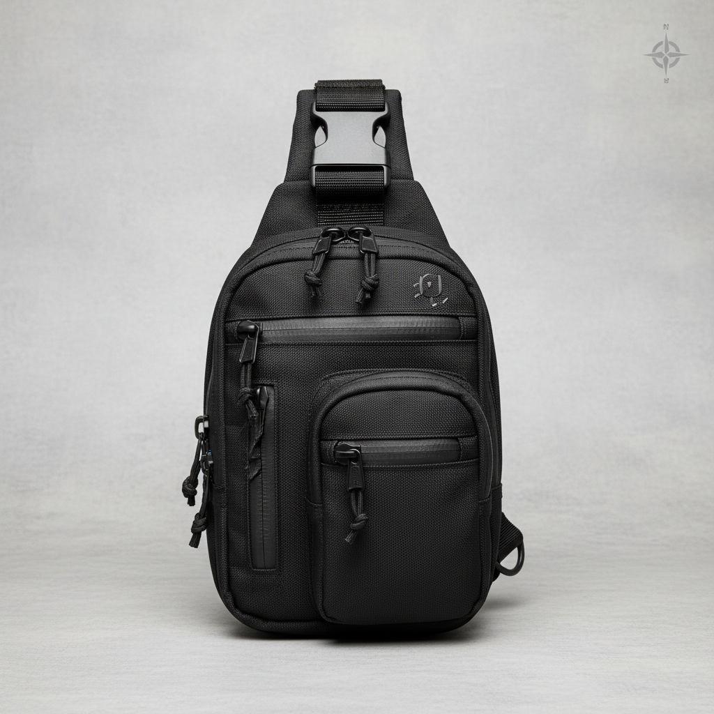 Black tactical crossbody bag with multiple compartments, urban carry accessory product shot