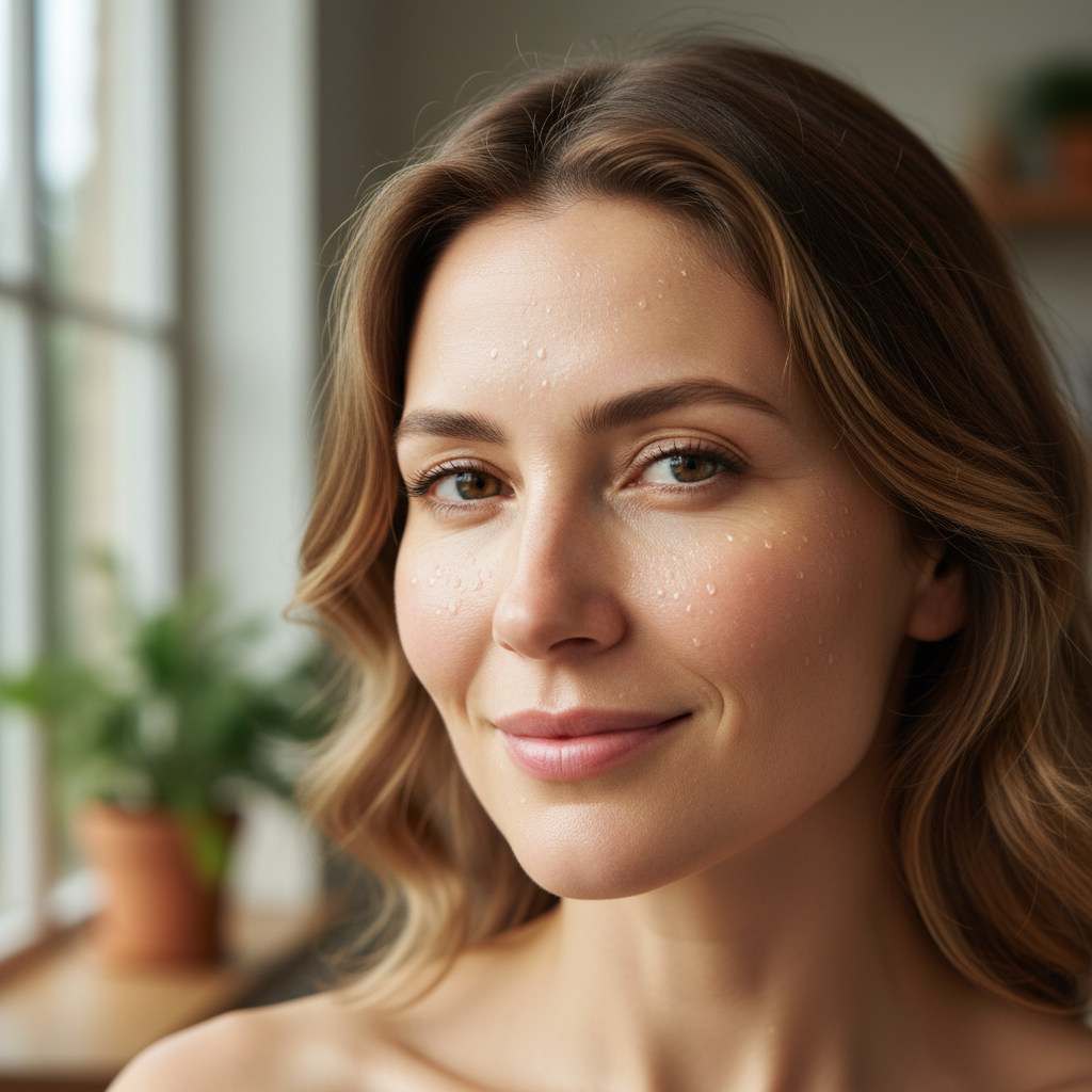 Portrait of woman with dewy skin, natural light, showing collagen improvement at day thirty