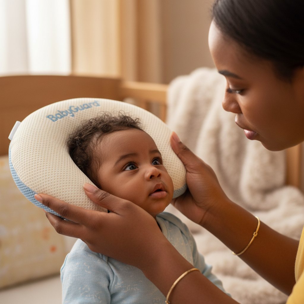 Nigerian mother helping baby wear BabyGuard head protection pillow, warm home