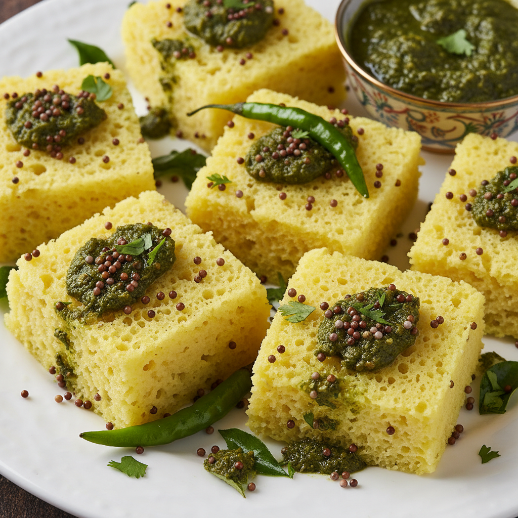 Soft steamed dhokla squares with green chutney and mustard seeds