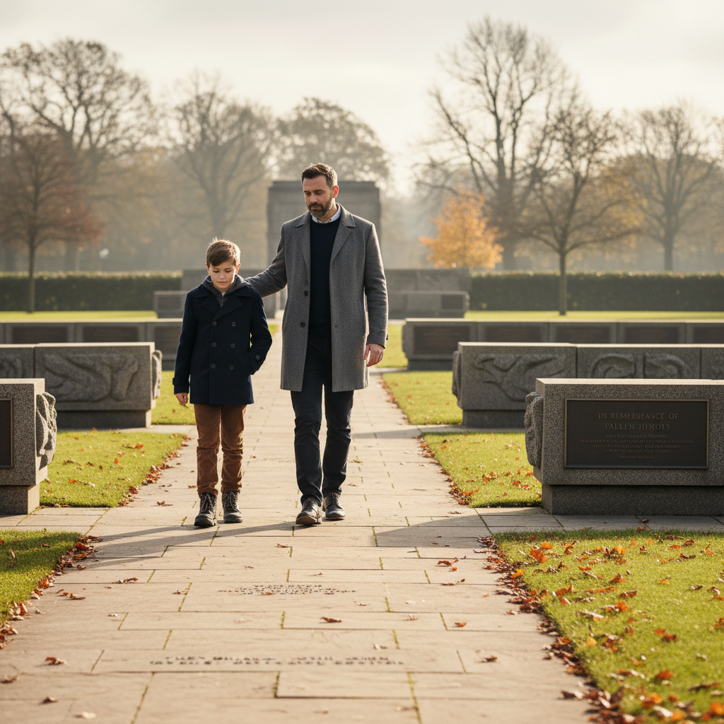 A father and son walking side by side on the memorial route
