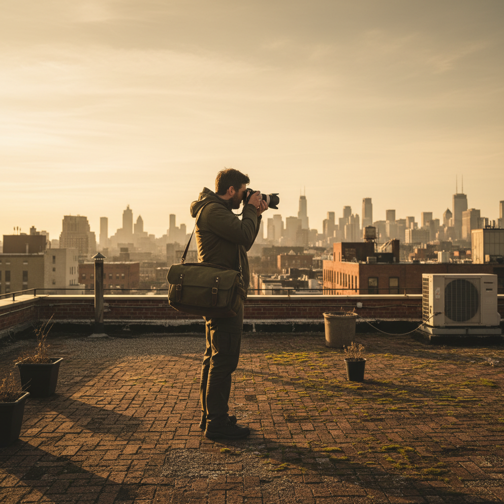 Solo photographer with camera bag setting up outdoor portrait session at golden hour