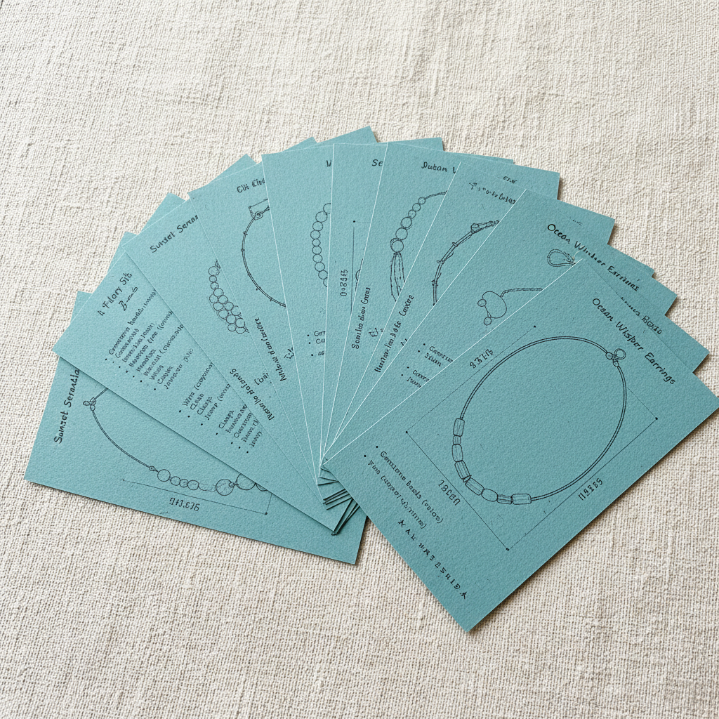 Printed jewelry project cards fanned out on linen surface showing diagrams and material lists