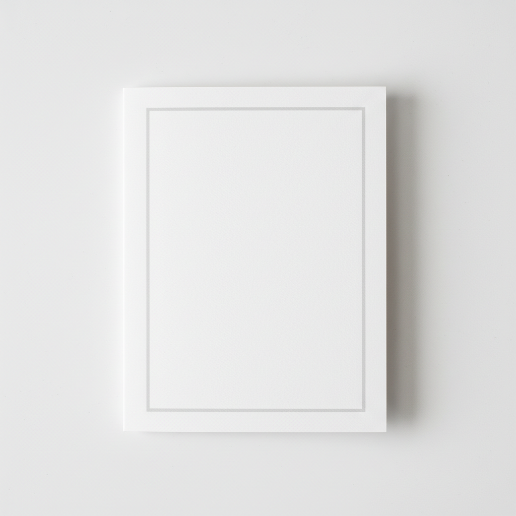 Elegant white condolence card with minimal design and soft grey border