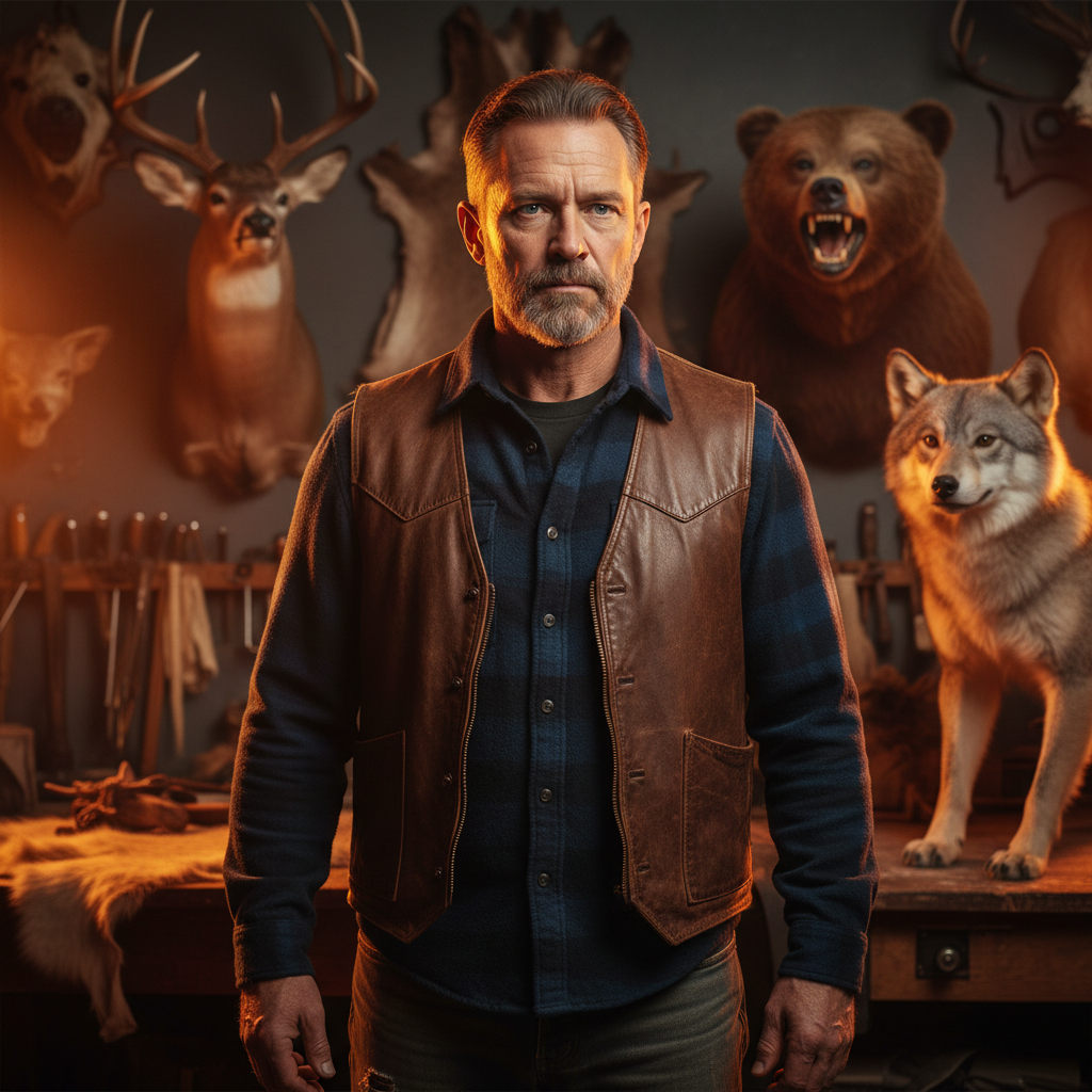 Rex Caldwell, big-game taxidermy specialist, in studio with dramatic amber rim light