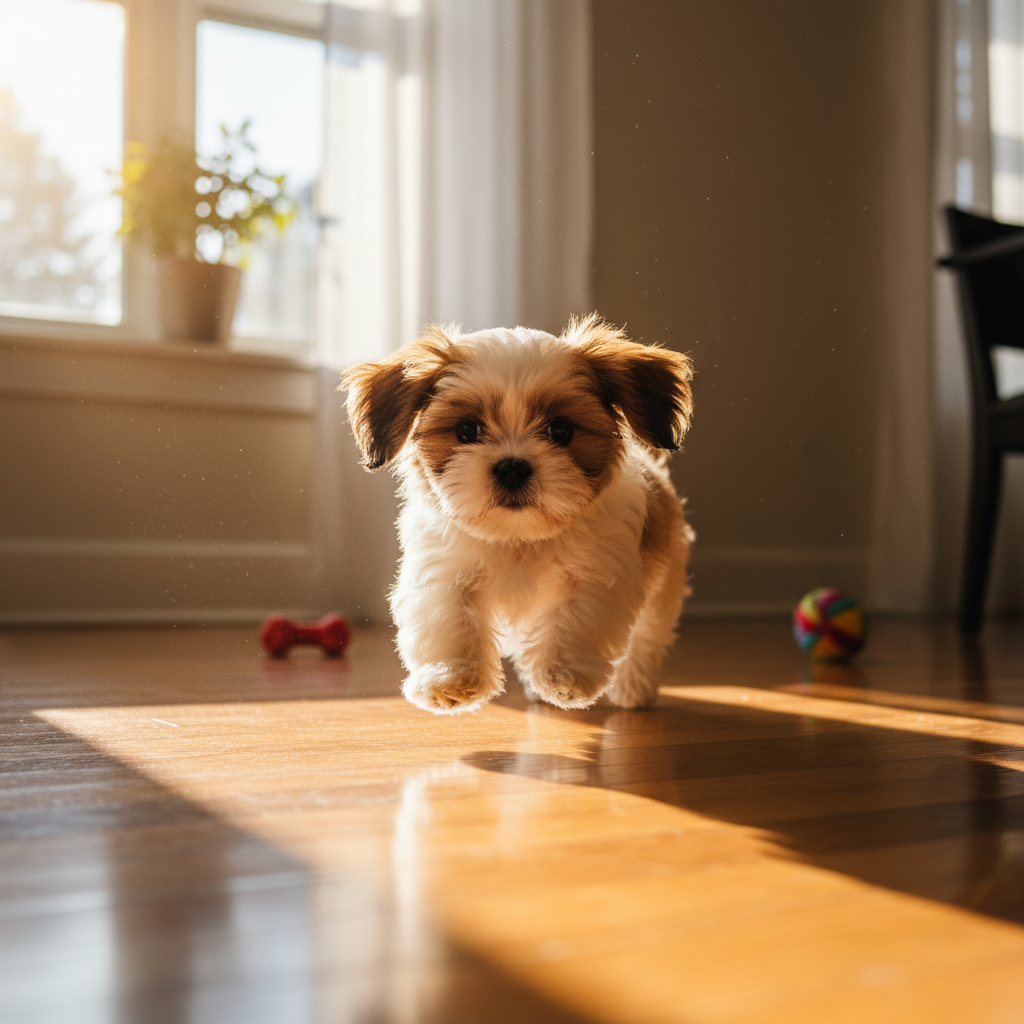 Shih Tzu puppy playing on sunlit floor