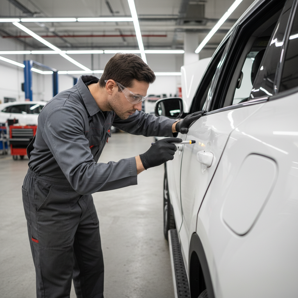 Car body technician inspecting accident damage on a white SUV in a professional workshop
