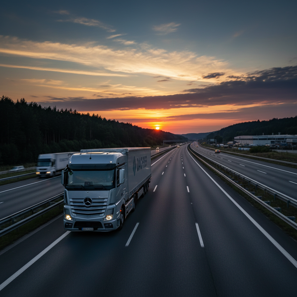 Moderner europäischer Sattelzug auf der deutschen Autobahn in der Abenddämmerung