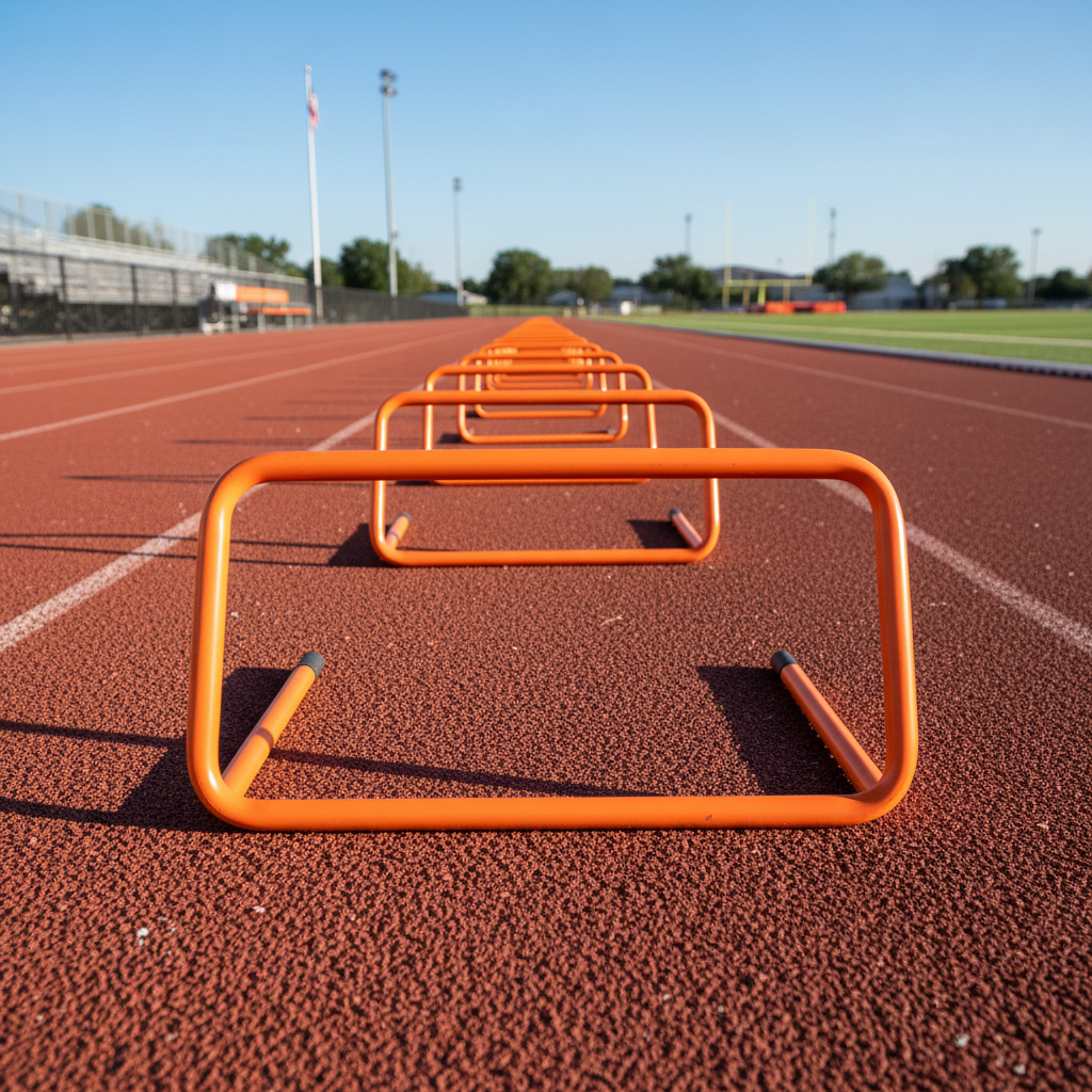 Row of orange mini hurdles on a track surface