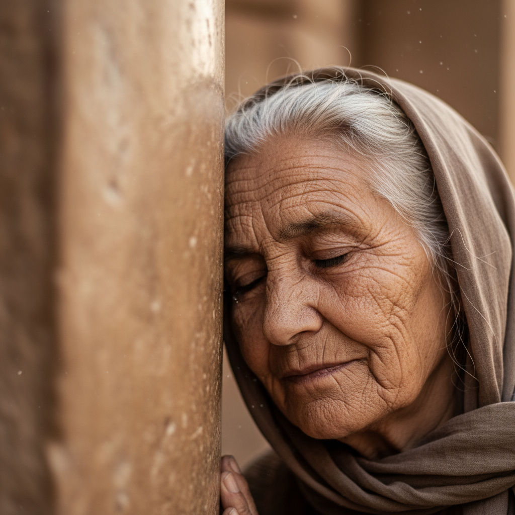 Close-up of an elderly woman pressing her forehead to temple stone in prayer