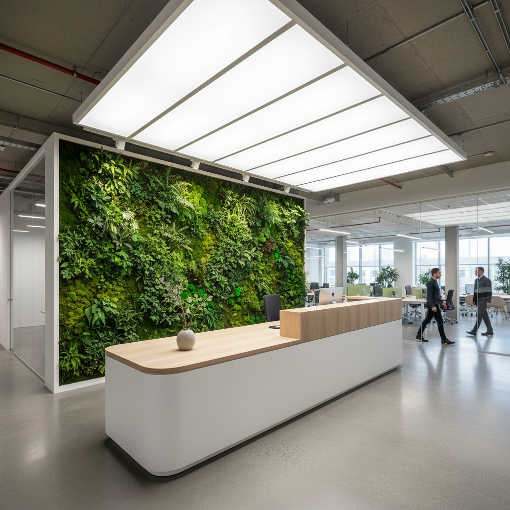 Nordic corporate headquarters interior with white oak reception desk, biophilic wall, and diffused ceiling lighting