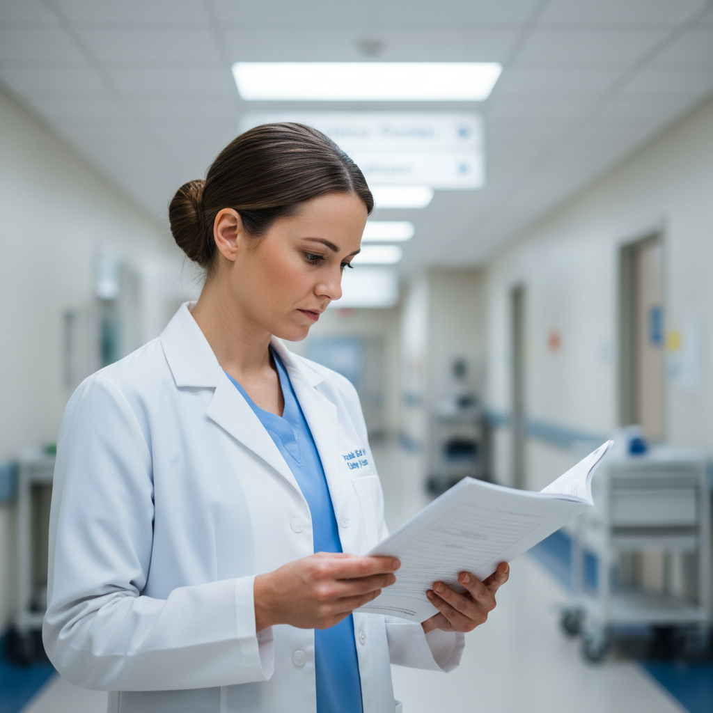Clinical care specialist Patricia Reeves in hospital corridor reviewing patient chart, white coat, professional posture