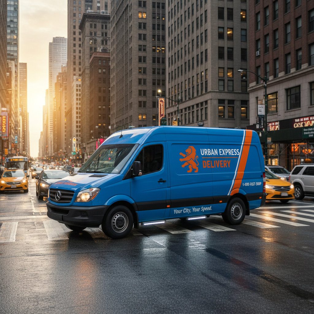 Clean commercial fleet vehicles with professional branded wraps in bright daylight, urban environment