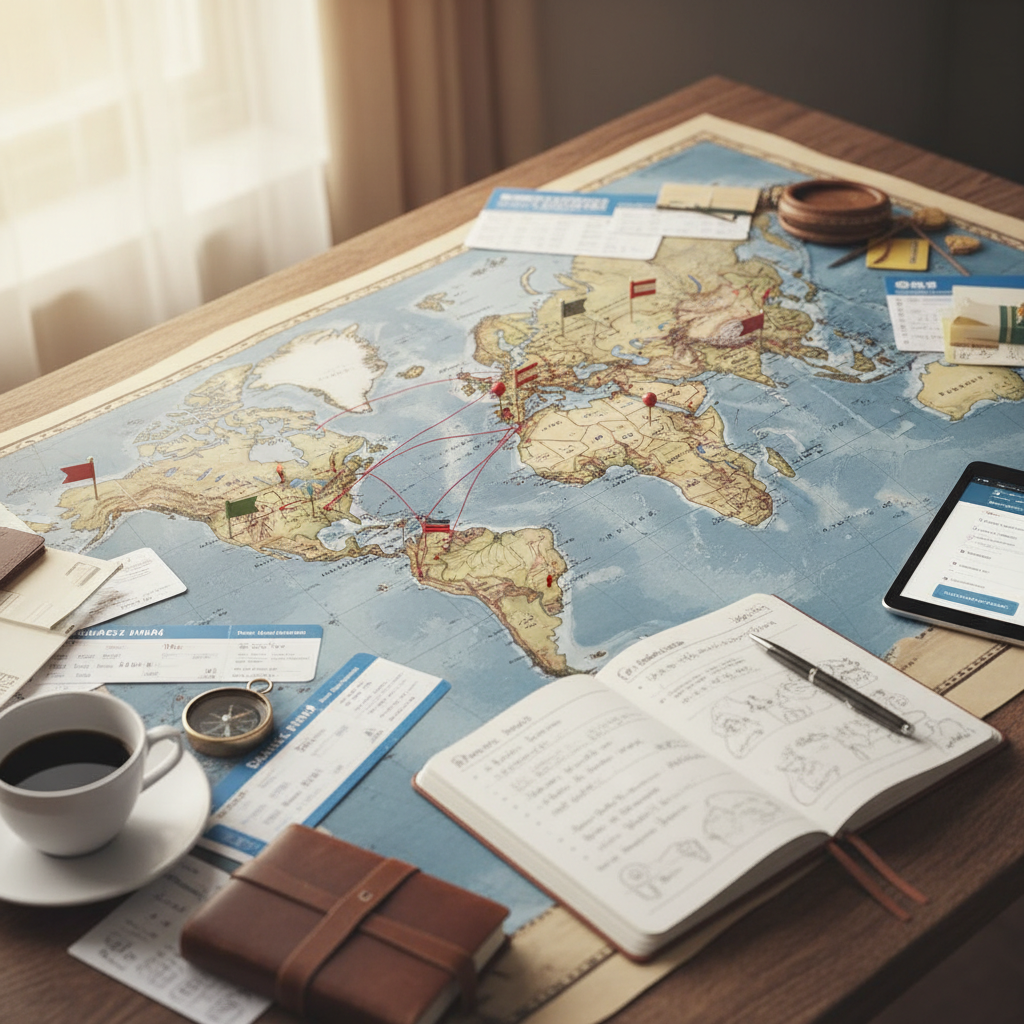 World map with travel pins and itinerary planning documents