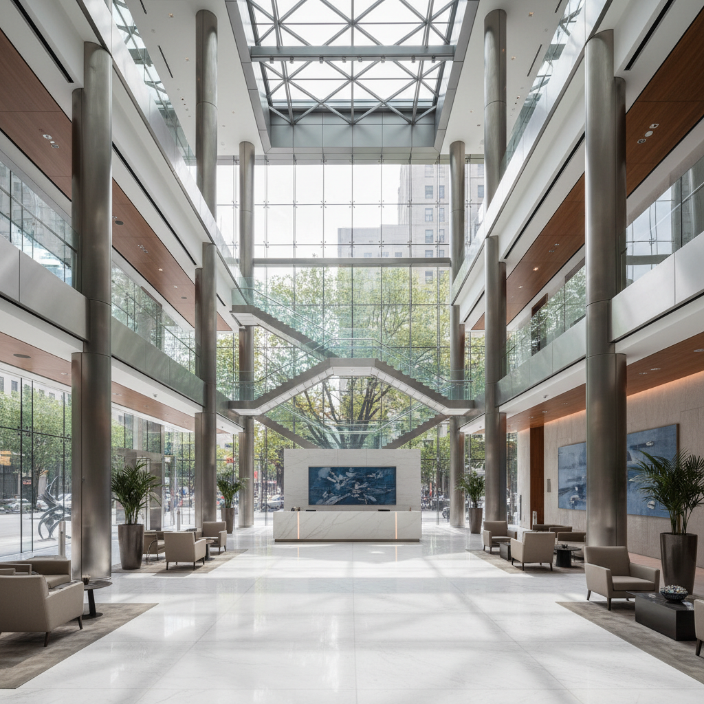 Modern Class A office tower lobby with dramatic atrium and natural light flooding through glass facade
