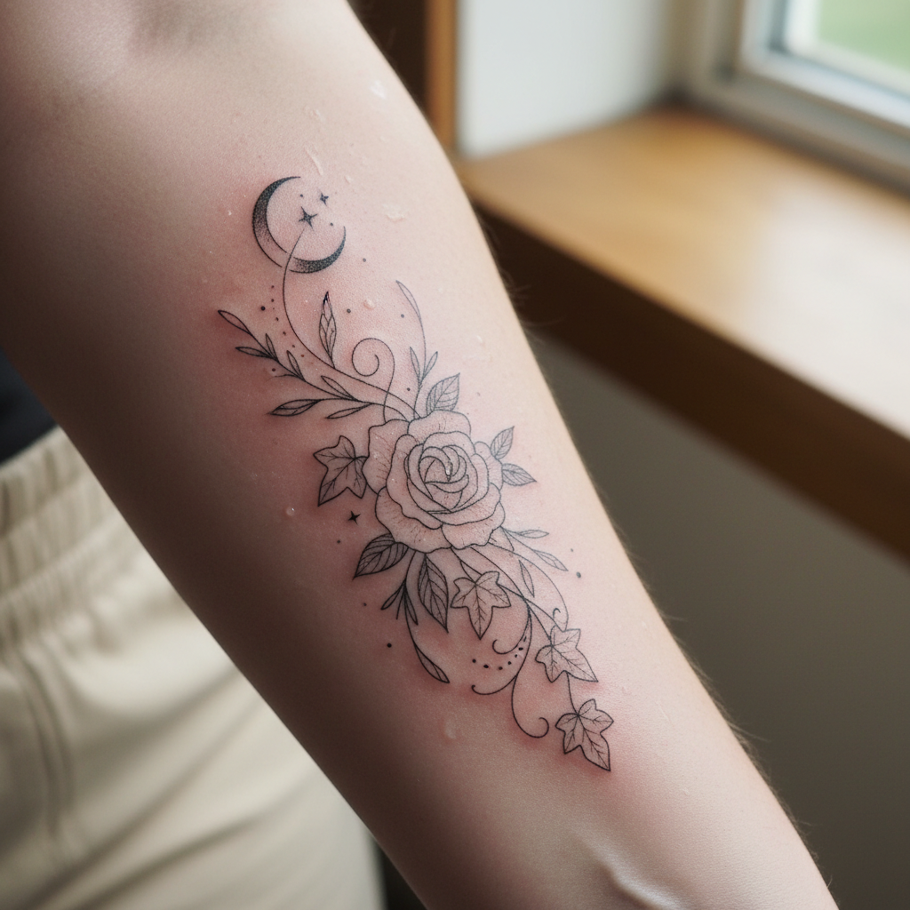 Close-up of a freshly finished fine-line tattoo on the inside of a forearm, skin slightly flushed in natural window light