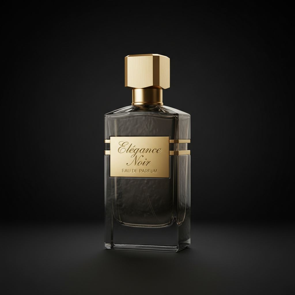 Elegant minimalist perfume bottle with soft white musk fragrance, clean dark background, gentle rim lighting, premium product photography