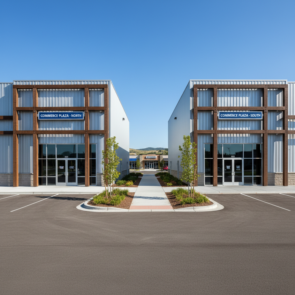 Twin commercial post-frame retail buildings with metal siding and storefront entrances