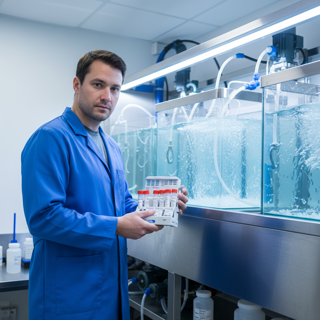 Dr. James Whitfield in blue lab coat holding water test kit near saltwater mixing station