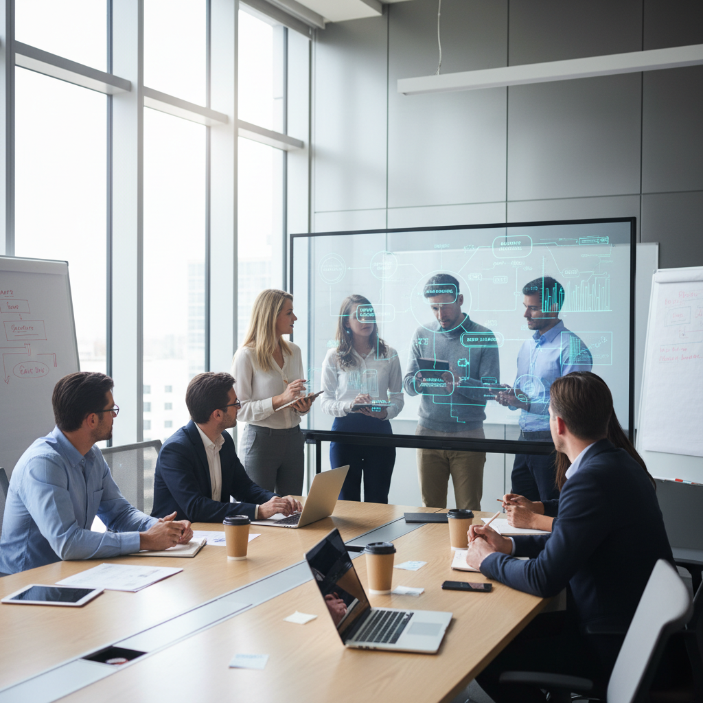Business team in workshop learning AI concepts with interactive presentation