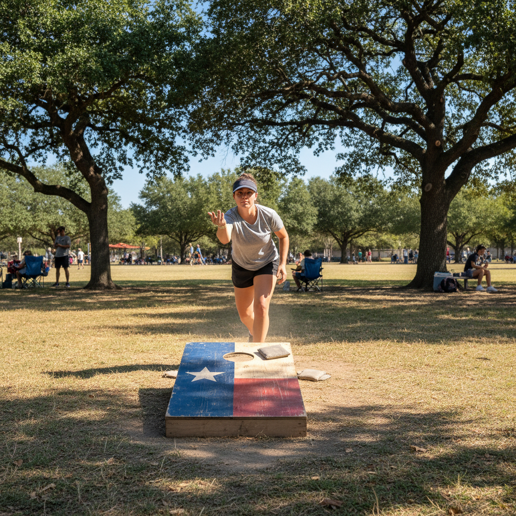 Priya Nambiar, competitive cornhole player from Austin Texas, looking determined