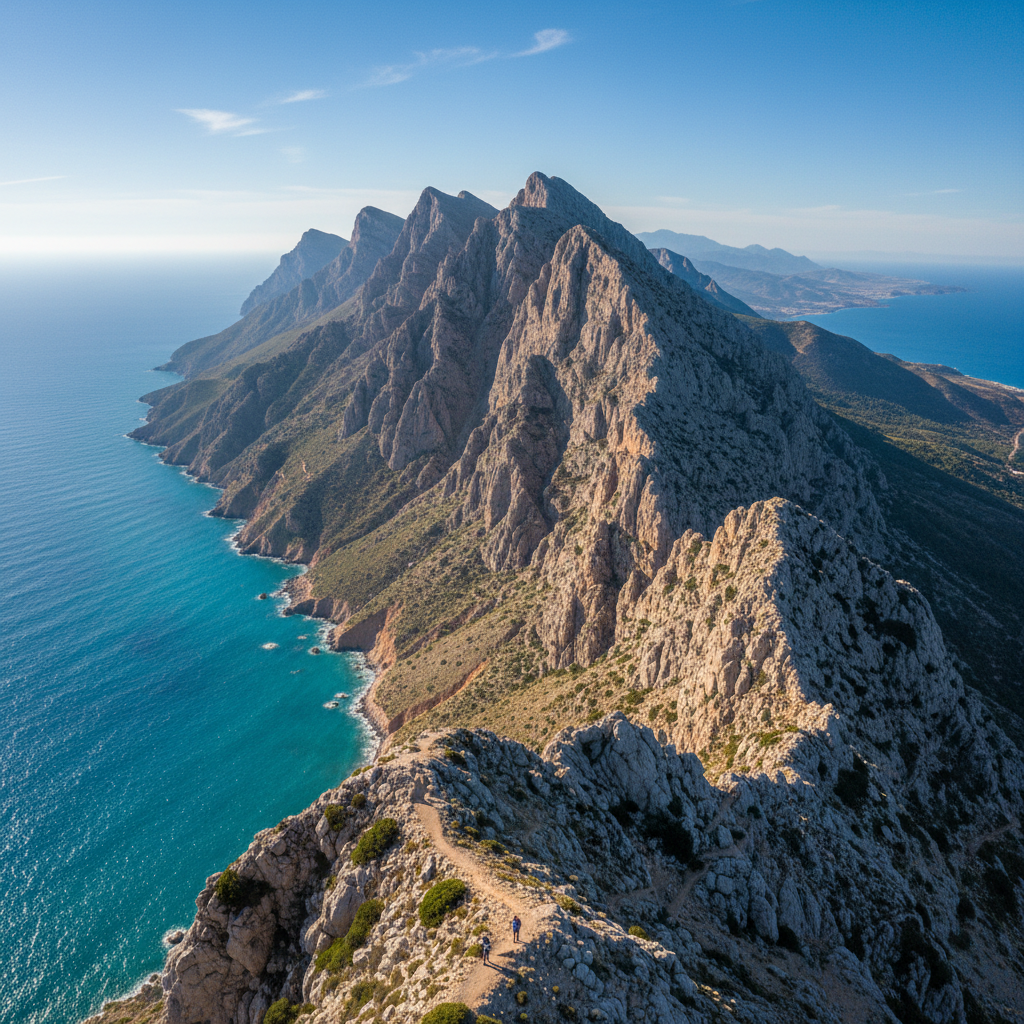 Dramatic mountain ridge above turquoise Mediterranean sea on Lycian Way Turkey