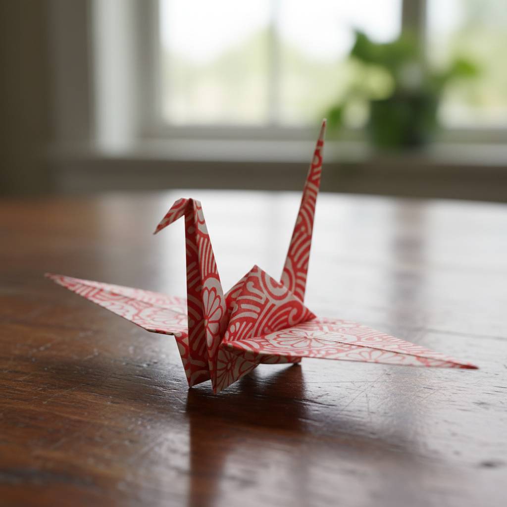 Classic red and white origami crane with wings spread on wooden surface
