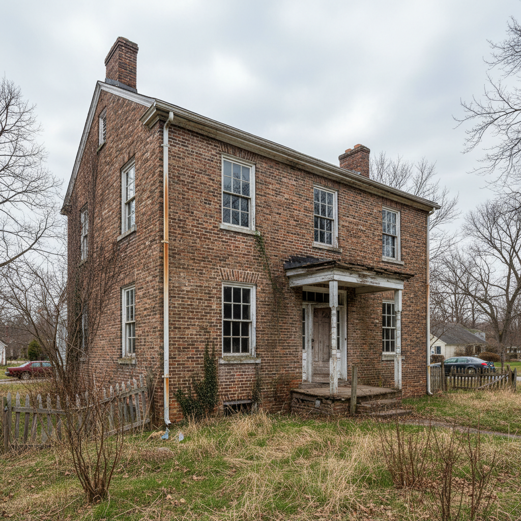 Old house with poor insulation, cracked walls, faded paint, overgrown yard, overcast sky, aged structure