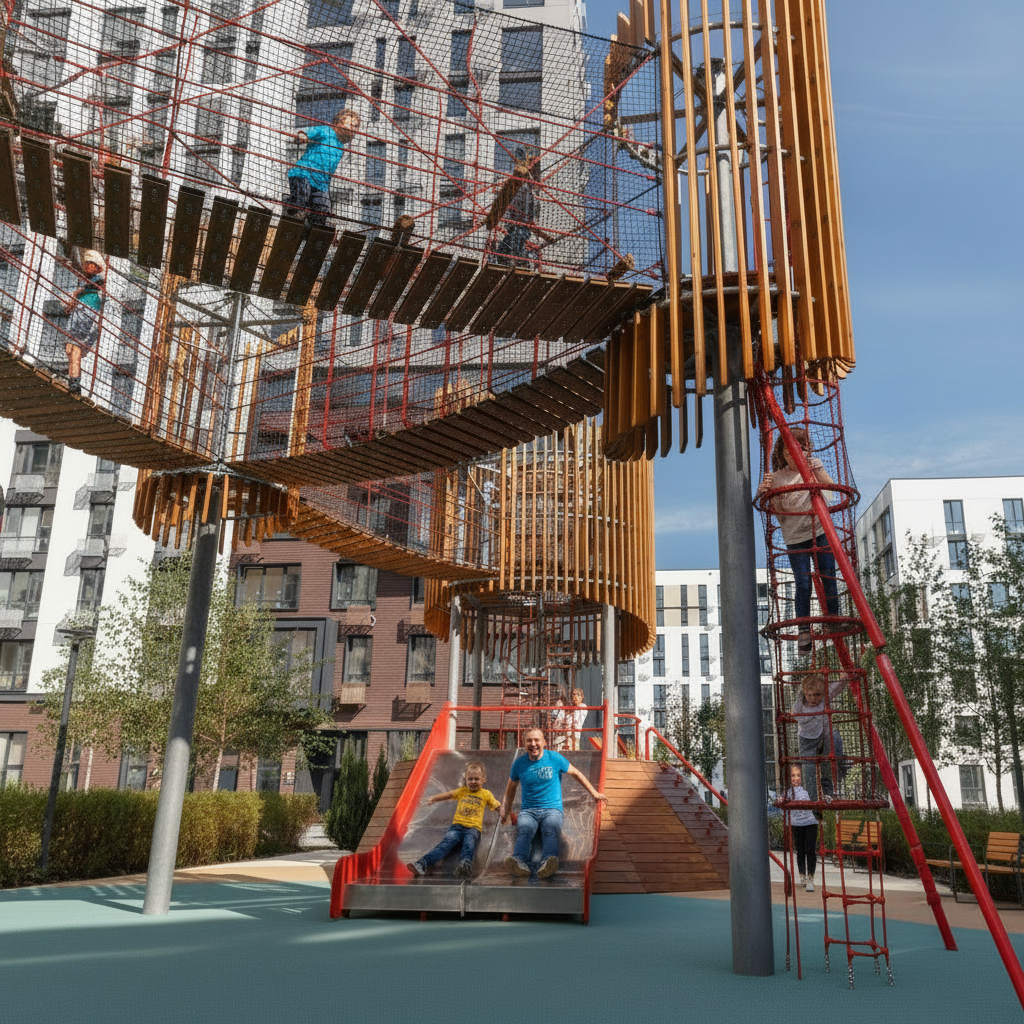 Kids playground in a city park with colorful equipment