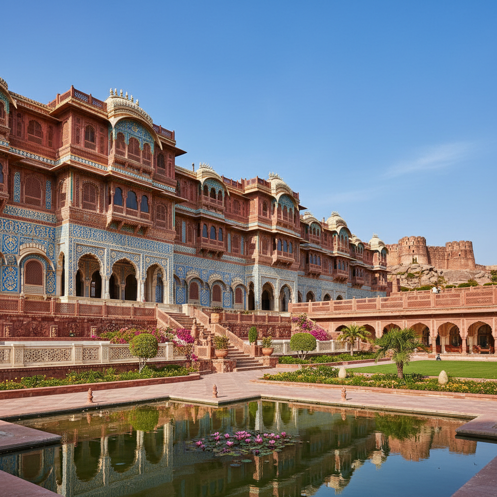 Rajasthan palace with ornate architecture, desert landscape and royal heritage