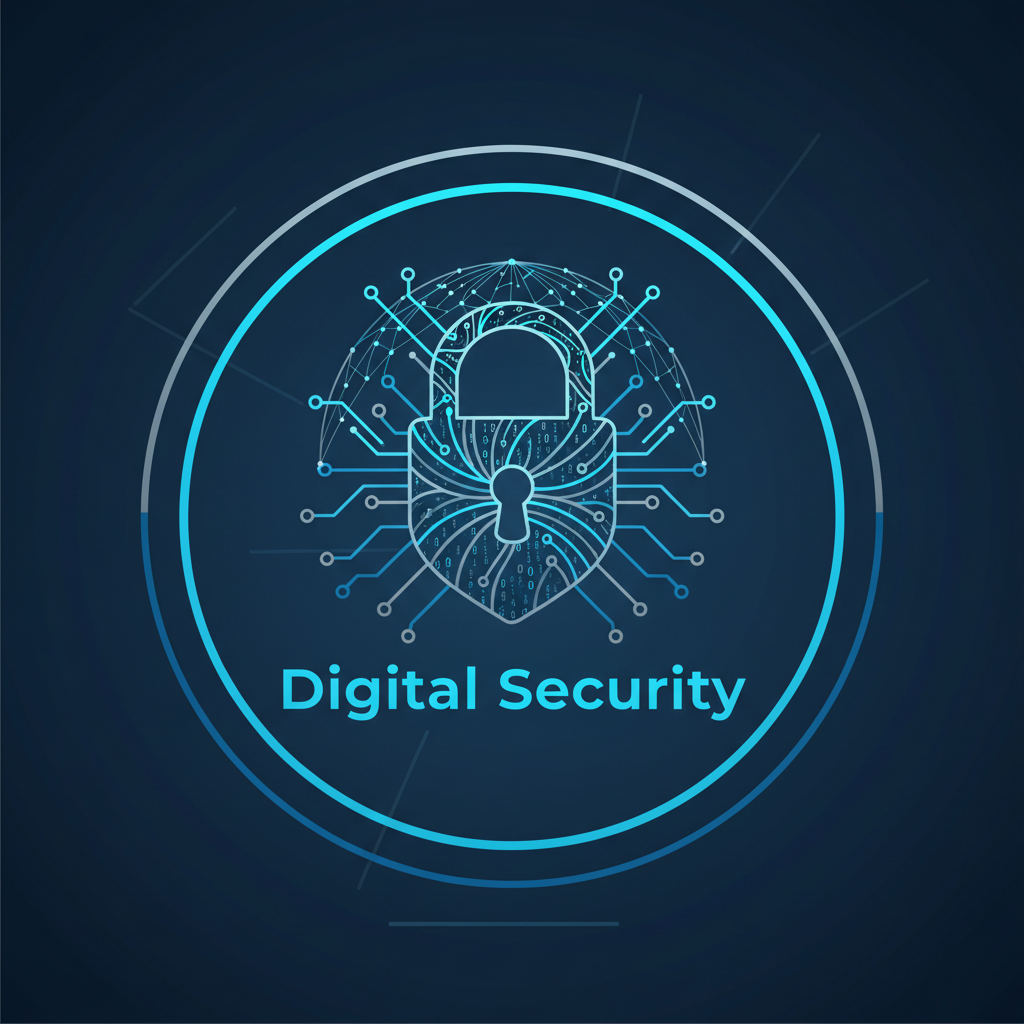Digital lock icon surrounded by binary code and network connections on dark blue background
