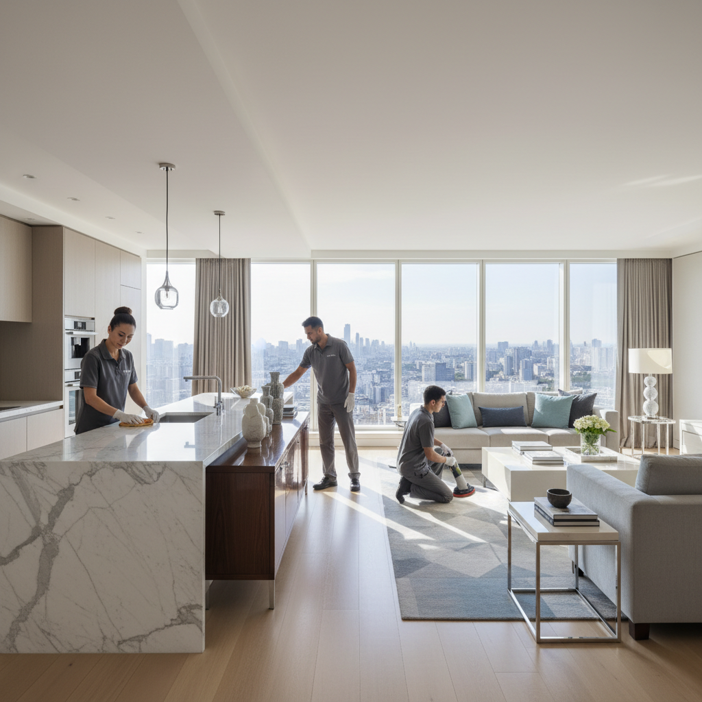 Professional cleaning team providing deep cleaning services for luxury Dubai property