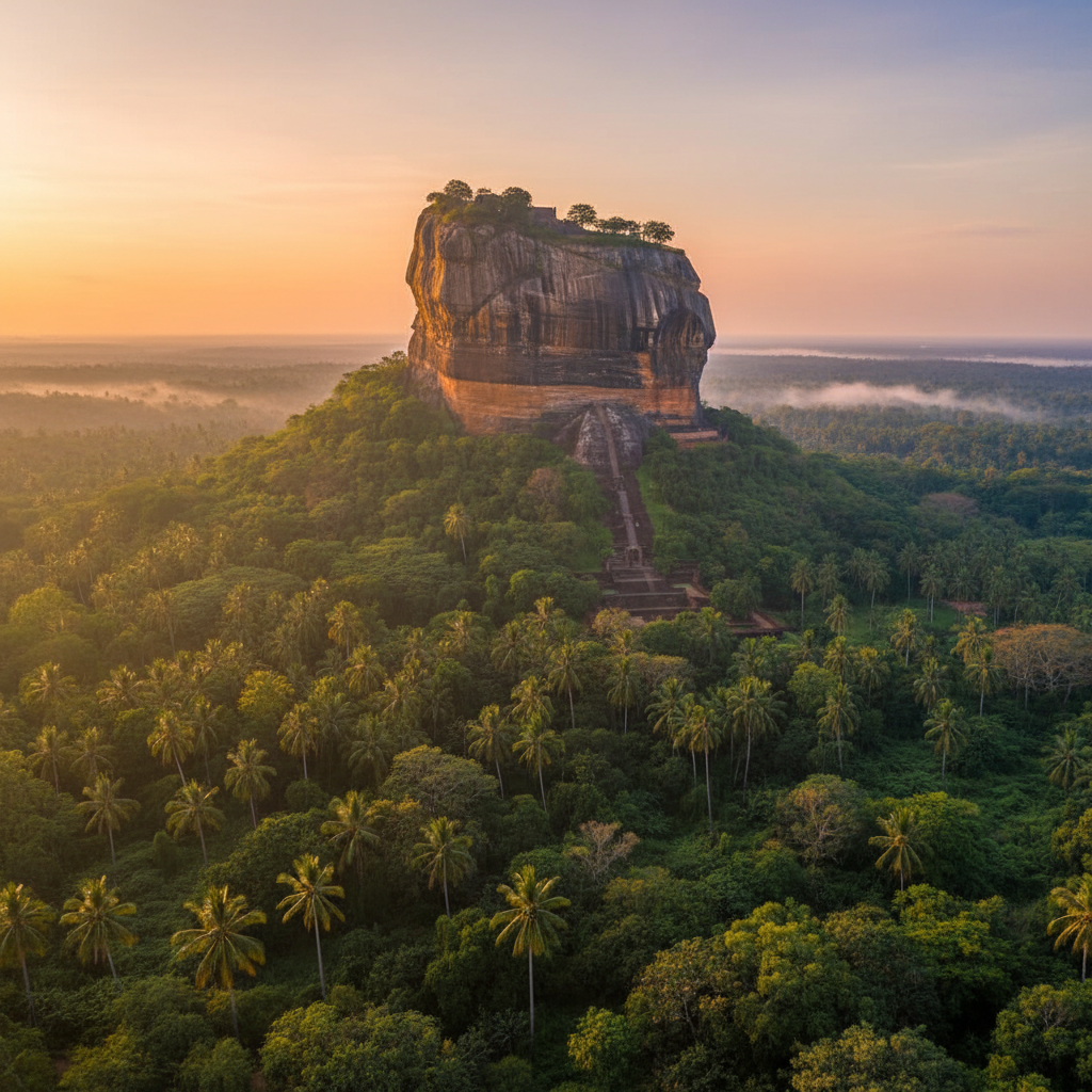 Sigiriya Rock Fortress rising dramatically from lush Sri Lanka jungle, dramatic clouds, golden hour light