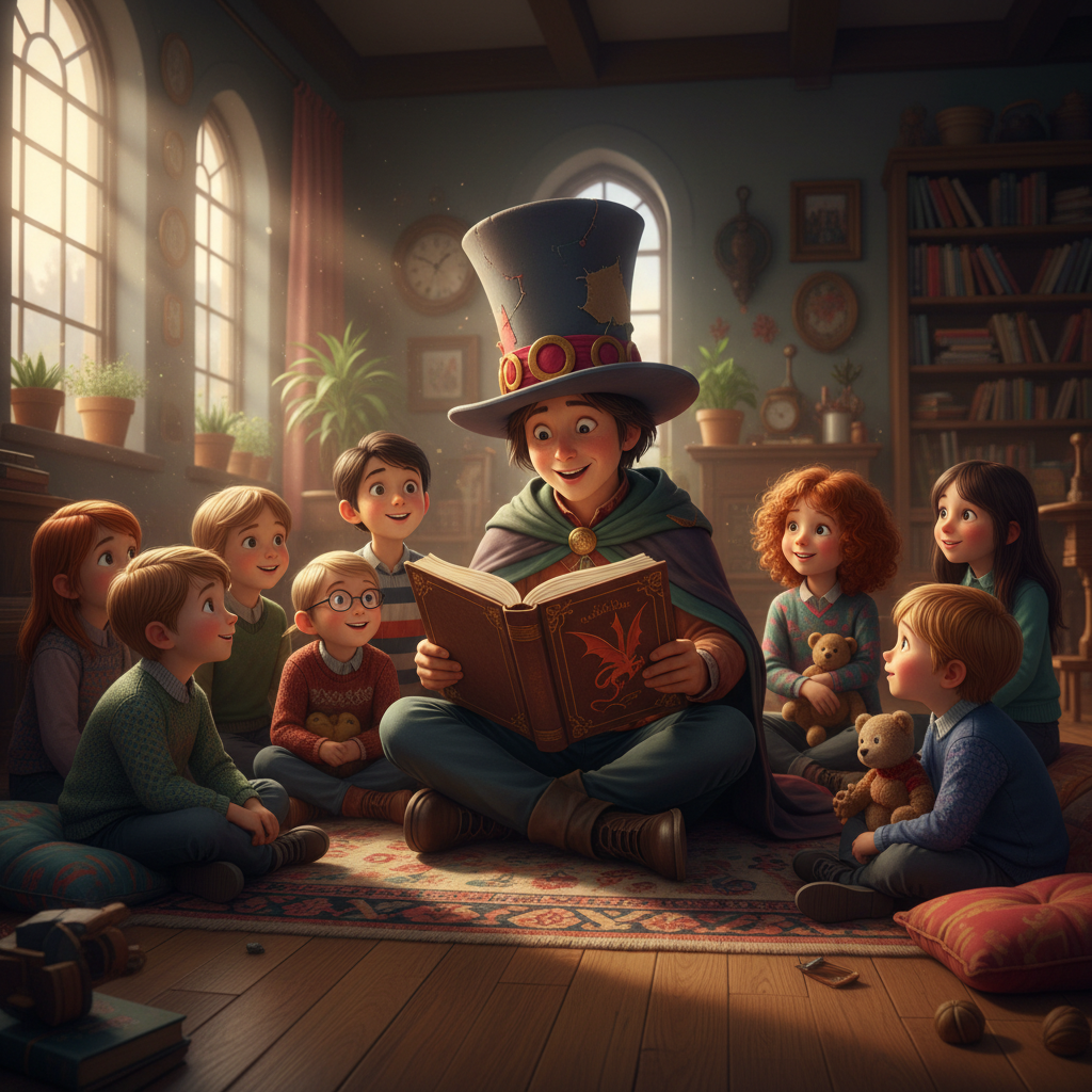 Storybook character reading to a circle of wide-eyed children on a living room floor