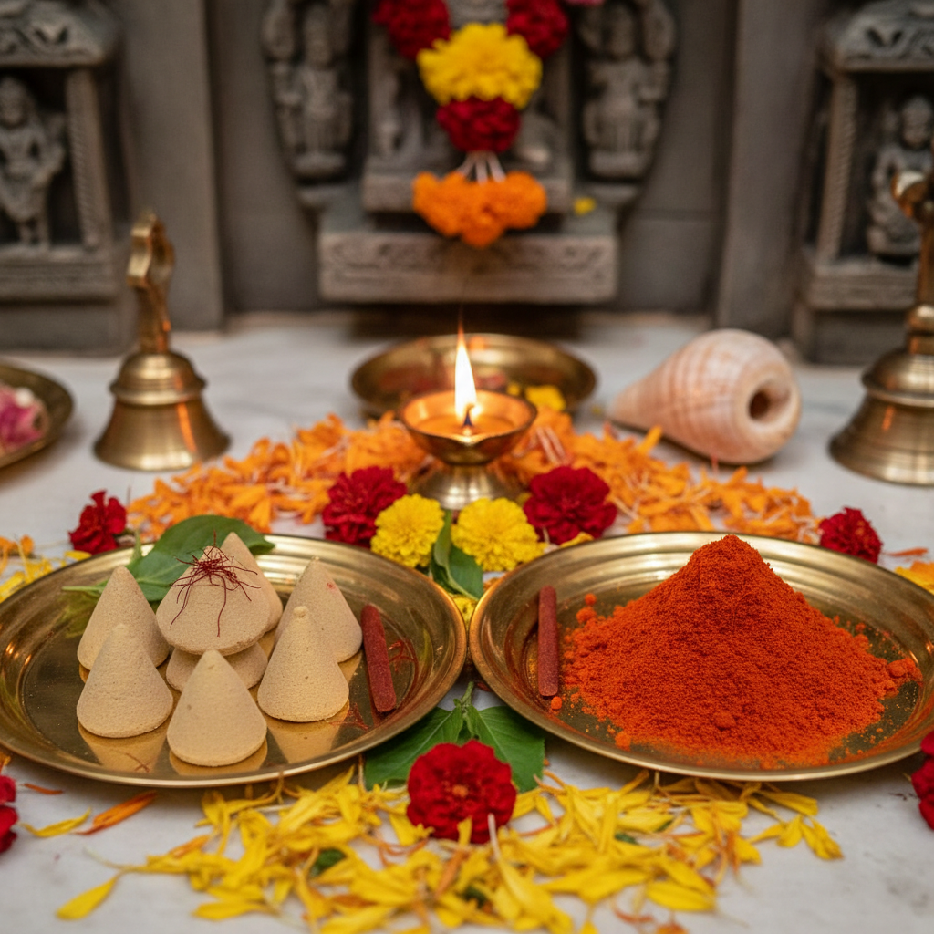 Sandalwood paste and saffron vermillion offerings in brass plates on altar